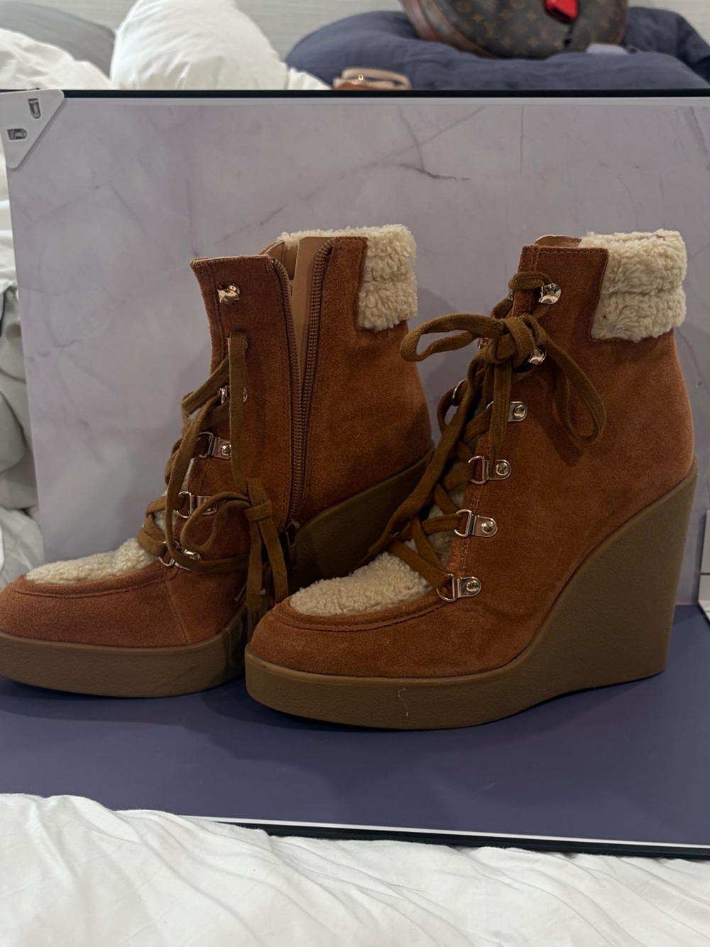 Jessica Simpson Brown Suede Wedge Lace-Up Ankle Boots with Shearling